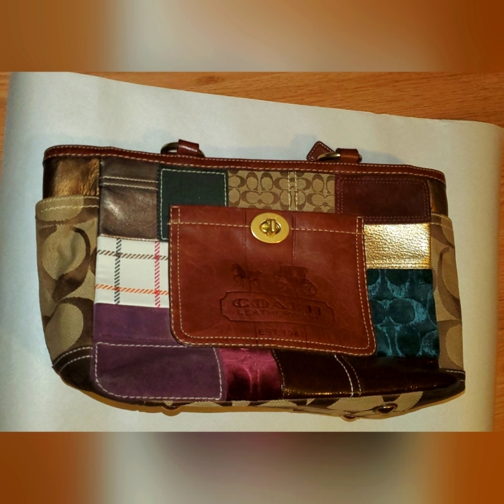 Coach Patchwork Signature Tote Brown Leather Canvas Shoulder Bag